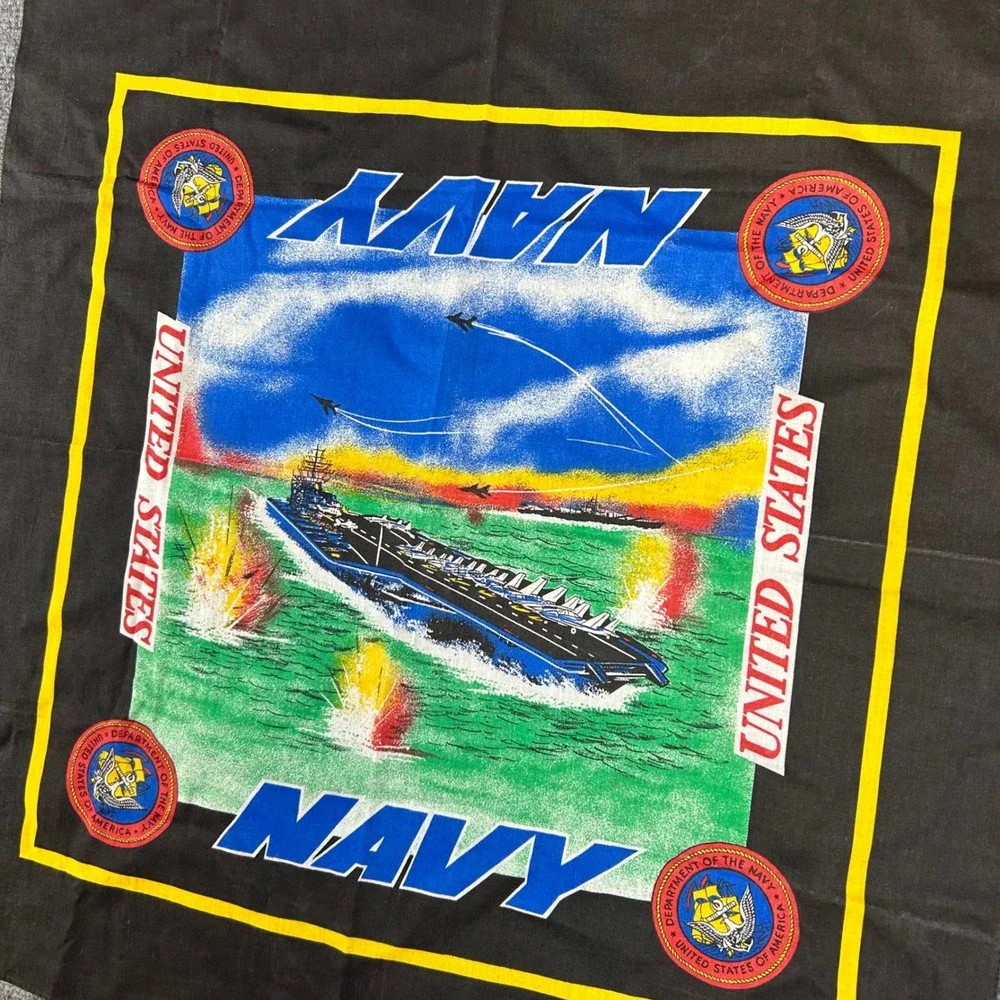 Vintage US Navy Bandana Aircraft Carrier Fighter Jet Black USA Made Cotton Poly